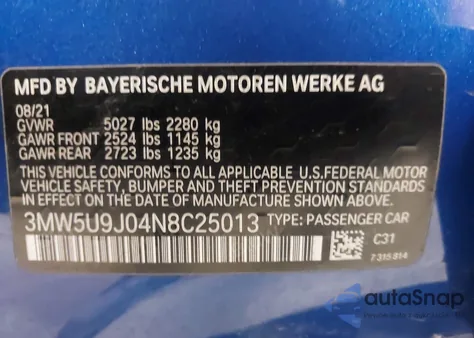 2022 BMW 3 Series M340I xDrive из США, поврежденный, VIN 3MW5U9J04N8C25013